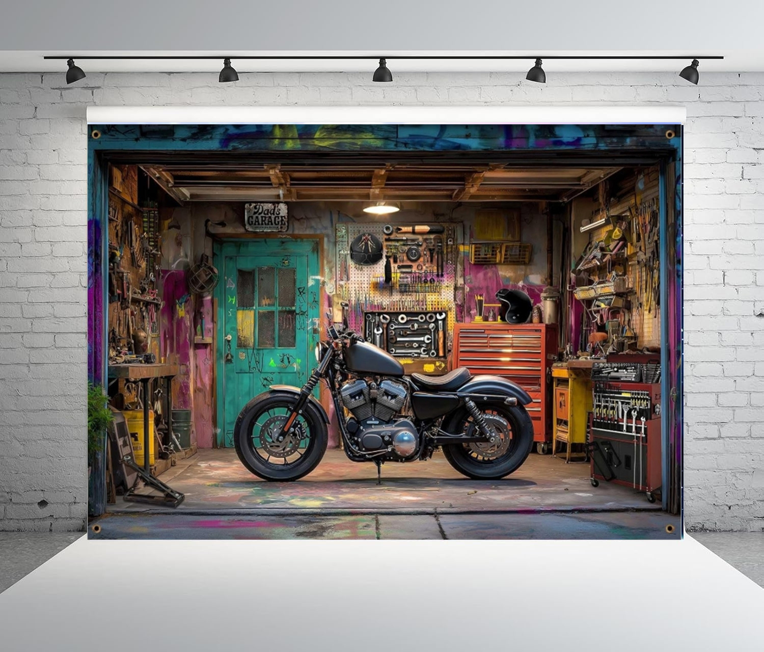 Workshop Tools Photos - Vintage Motorcycle Garage Photography Backdrop Graffiti